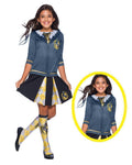 Girl wearing the printed Hufflepuff costume top with cardigan and tie design