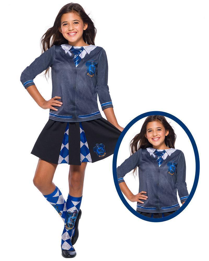 Girl wearing the printed Ravenclaw costume top with cardigan and tie design