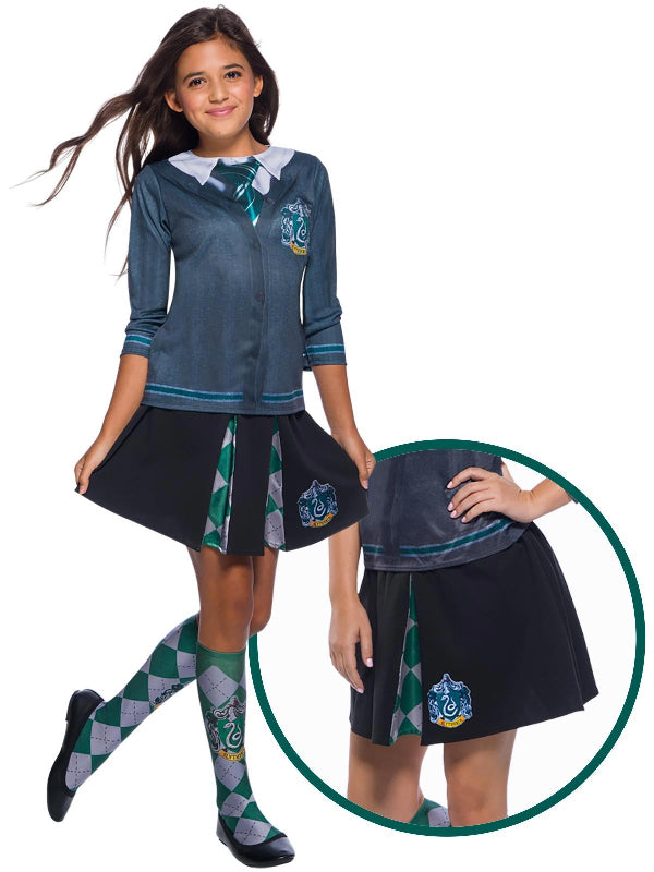 Girl wearing the Slytherin skirt with green and silver inset panels