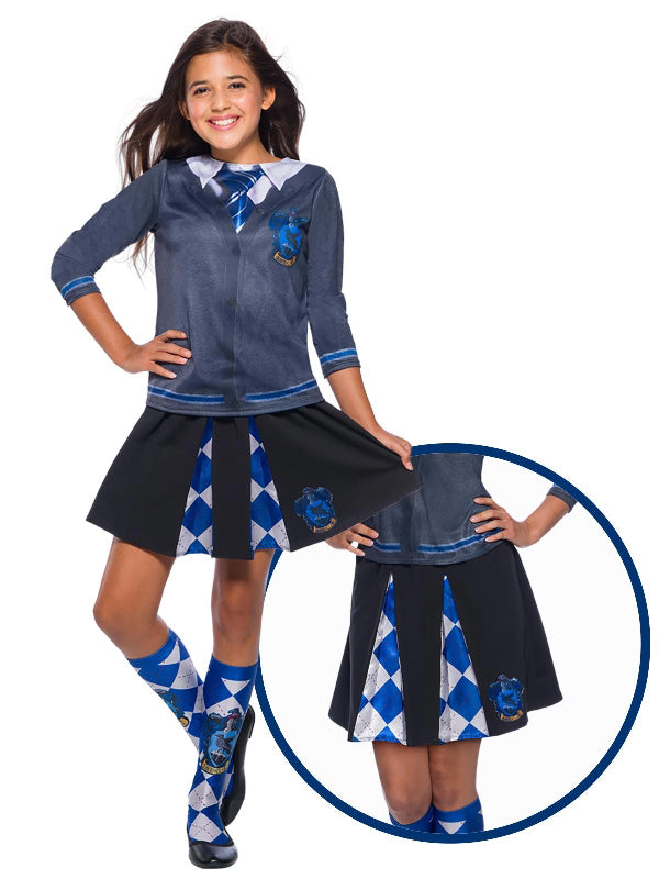 Girl wearing the Ravenclaw skirt with blue and white inset panels