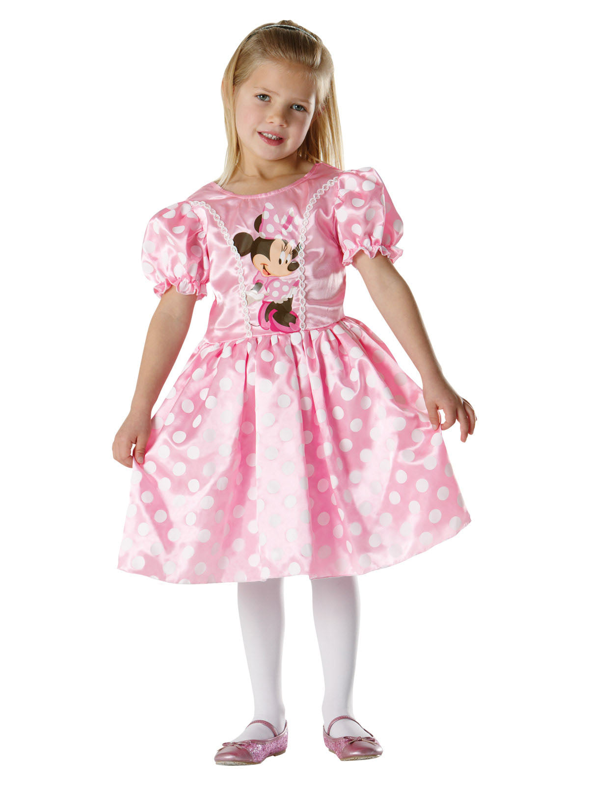 Girl in the Disney Minnie Mouse Classic pink satin dress with white polka dots and puffy sleeves