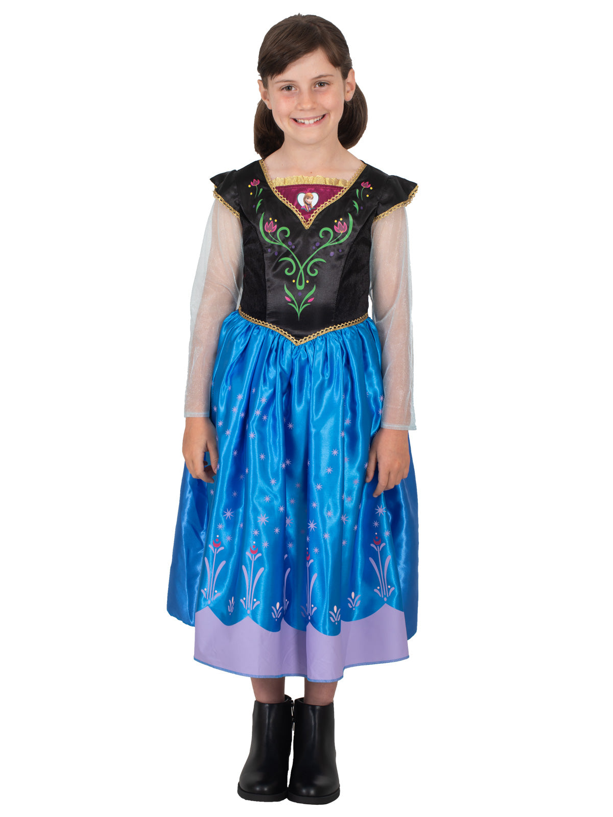 Girl in the Anna deluxe dress without the cape, showing the black bodice and blue and lilac skirt