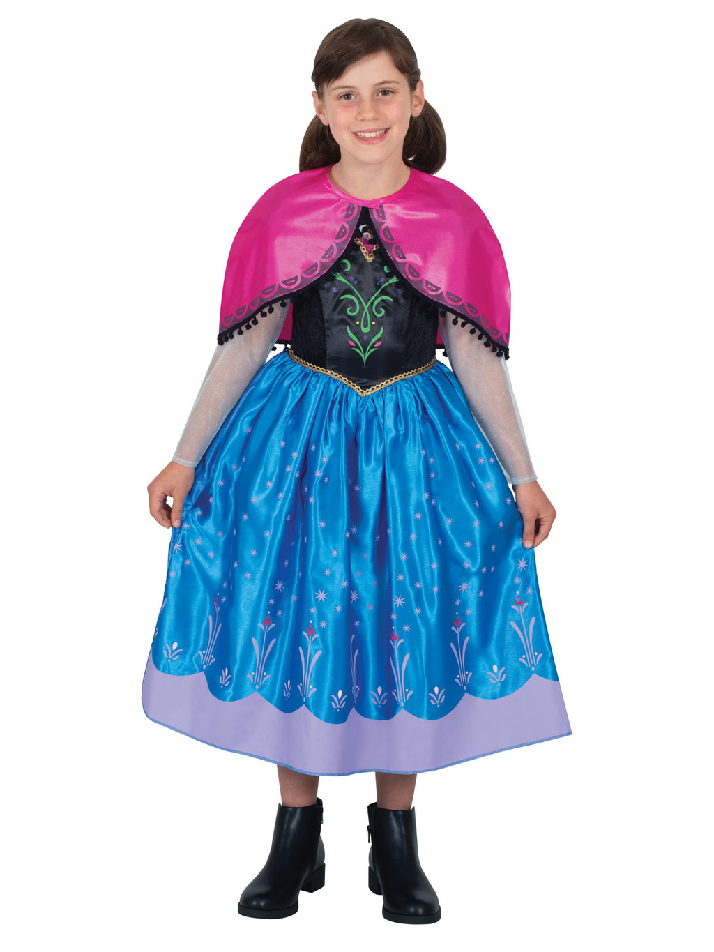 Girl in Frozen Anna deluxe dress with blue printed skirt, black bodice and pink cape