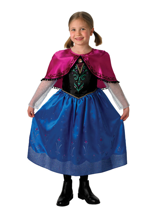 Girl in Frozen Anna dress with blue skirt, black embroidered bodice, sheer sleeves and magenta cape