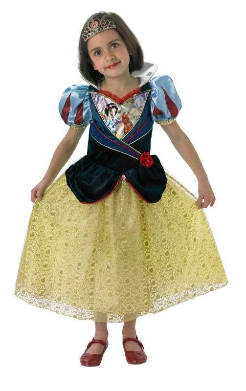 Girl wearing a Snow White dress with velour bodice, story panel, satin puff sleeves and glitter organza skirt