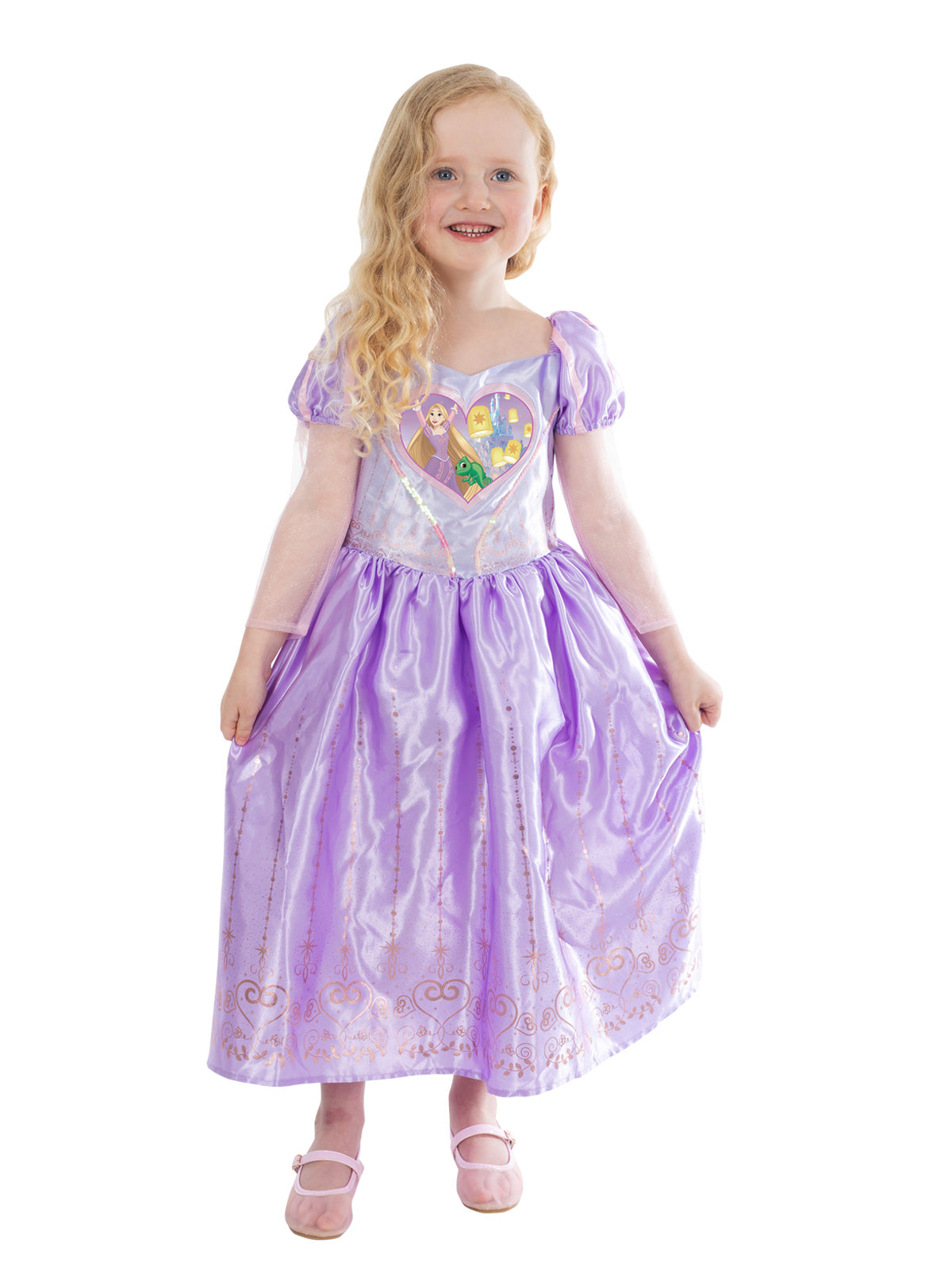 Girl wearing a lilac Rapunzel dress with heart-shaped Rapunzel and Pascal motif and shimmery tulle sleeves