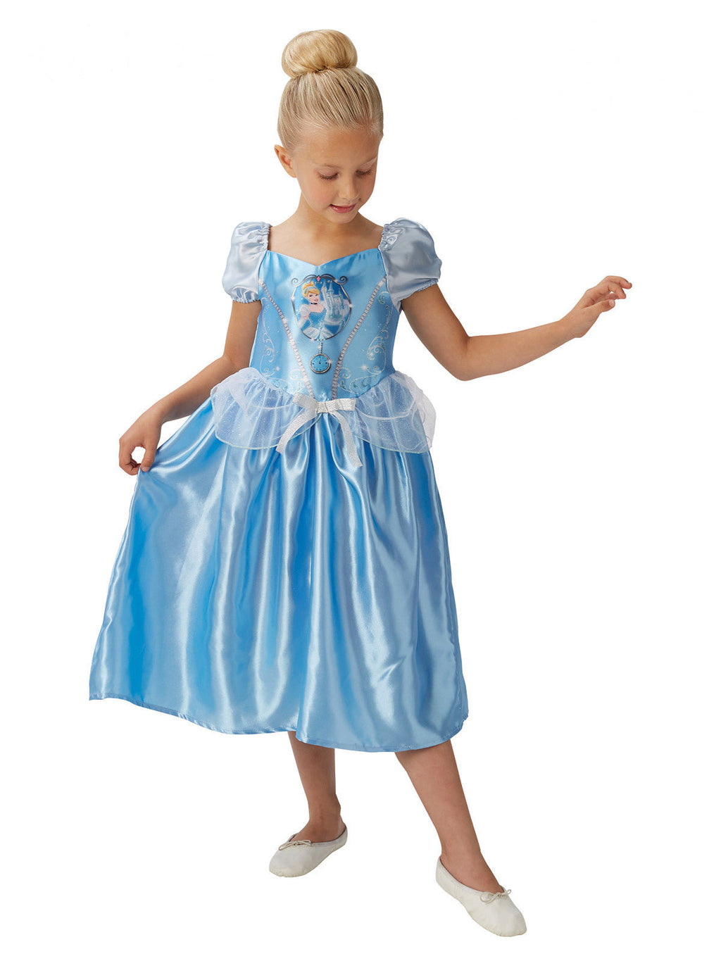 Girl in a Cinderella blue satin dress with puff sleeves, printed bodice and organza peplum