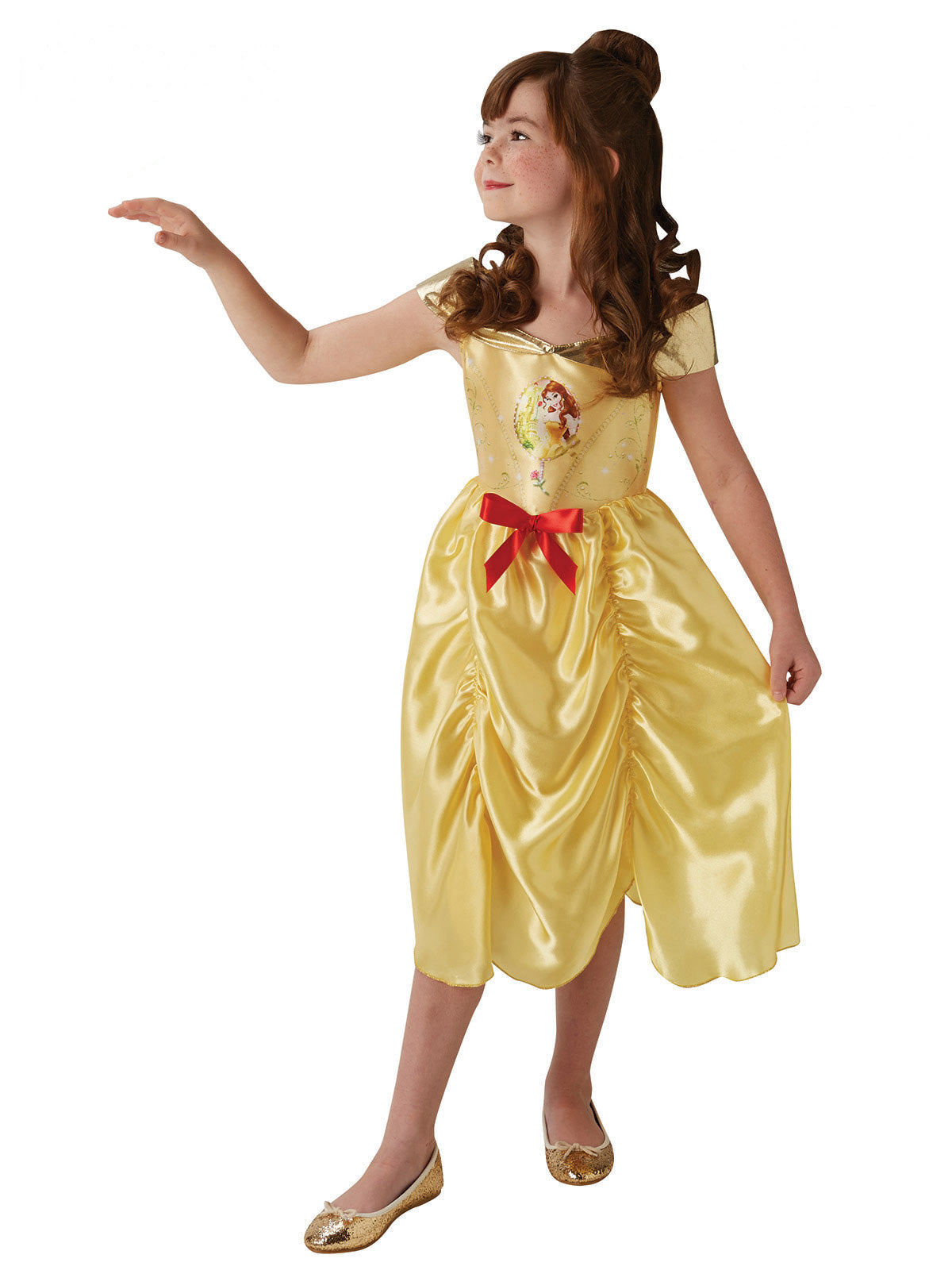 Girl wearing a yellow Belle Fairytale dress with printed character bodice, gold off-shoulder collar and red bow