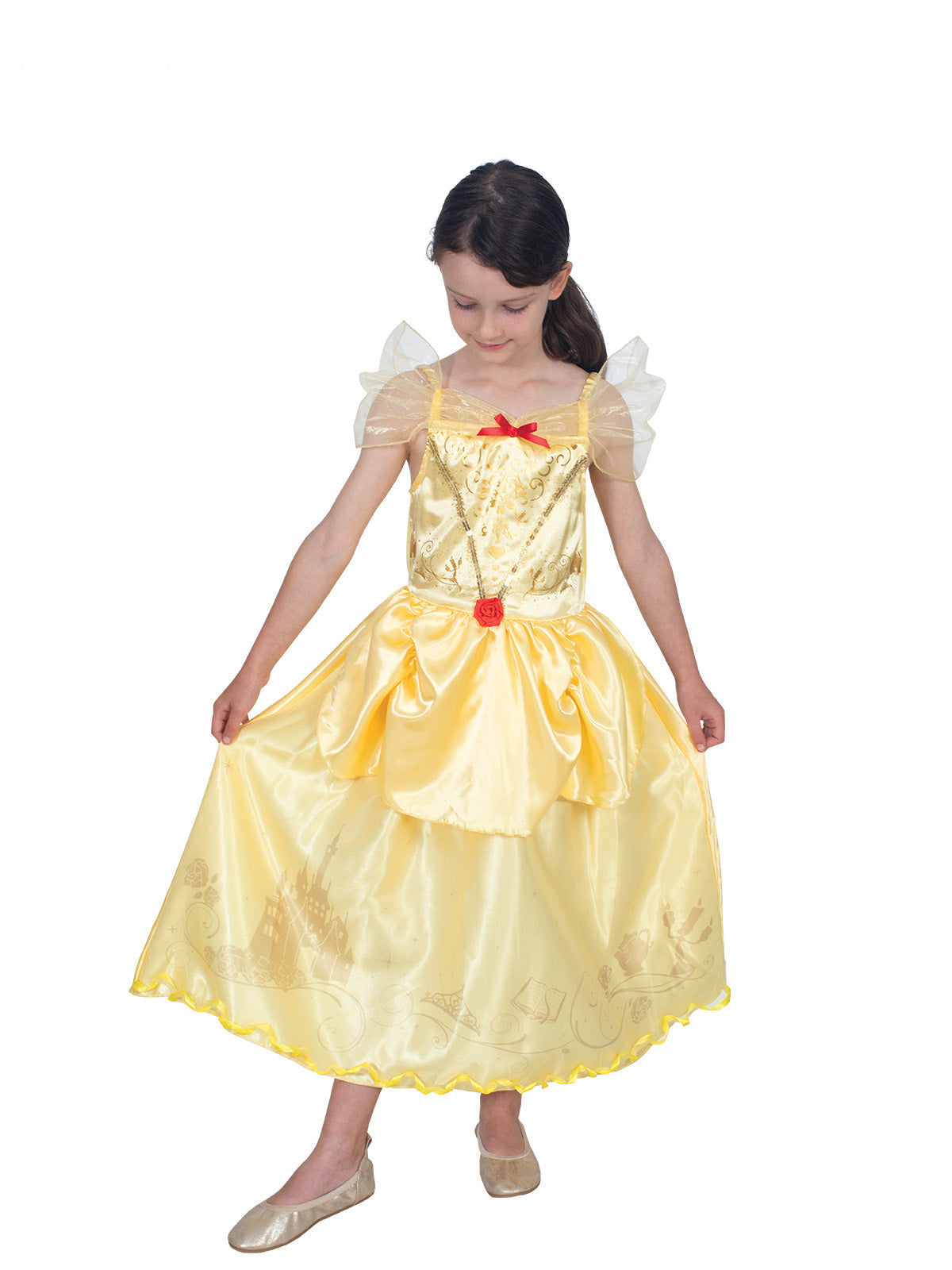 Girl wearing a yellow Belle Storyteller dress with gold-trimmed bodice, rose at the waist and tulle collar