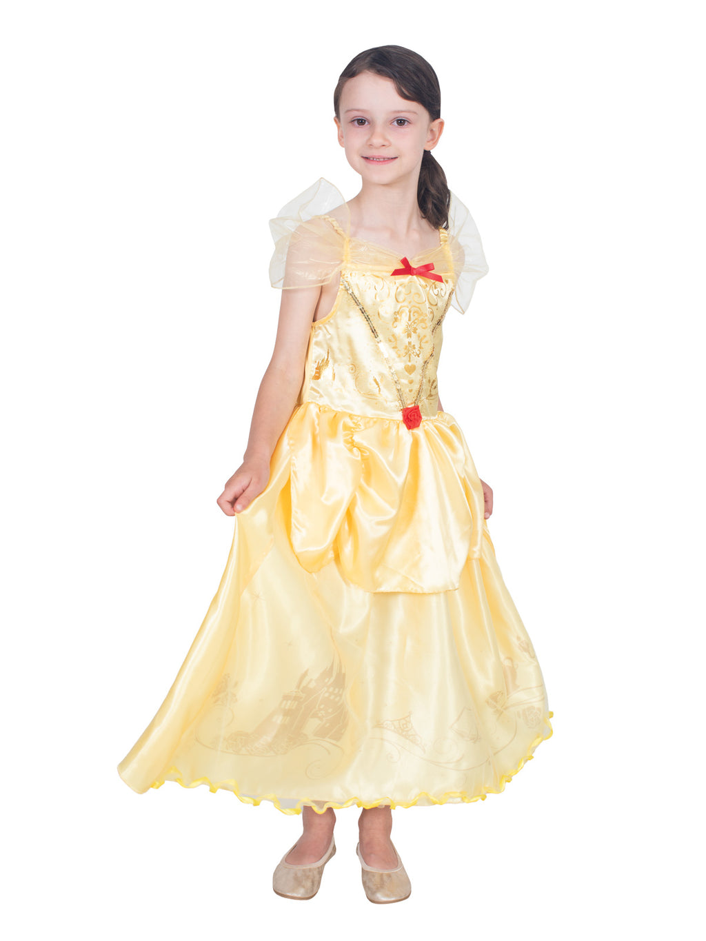 Girl in the Belle Storyteller satin dress with storybook print peplum of roses, crowns and castles
