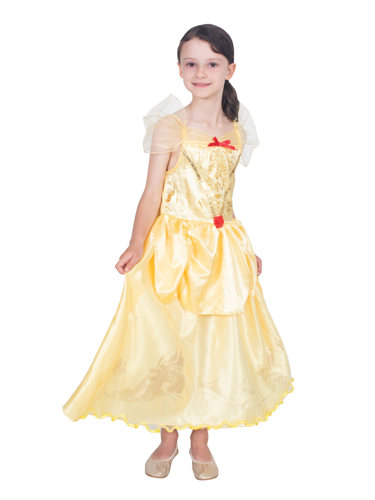 Girl in the Belle Storyteller satin dress with storybook print peplum of roses, crowns and castles