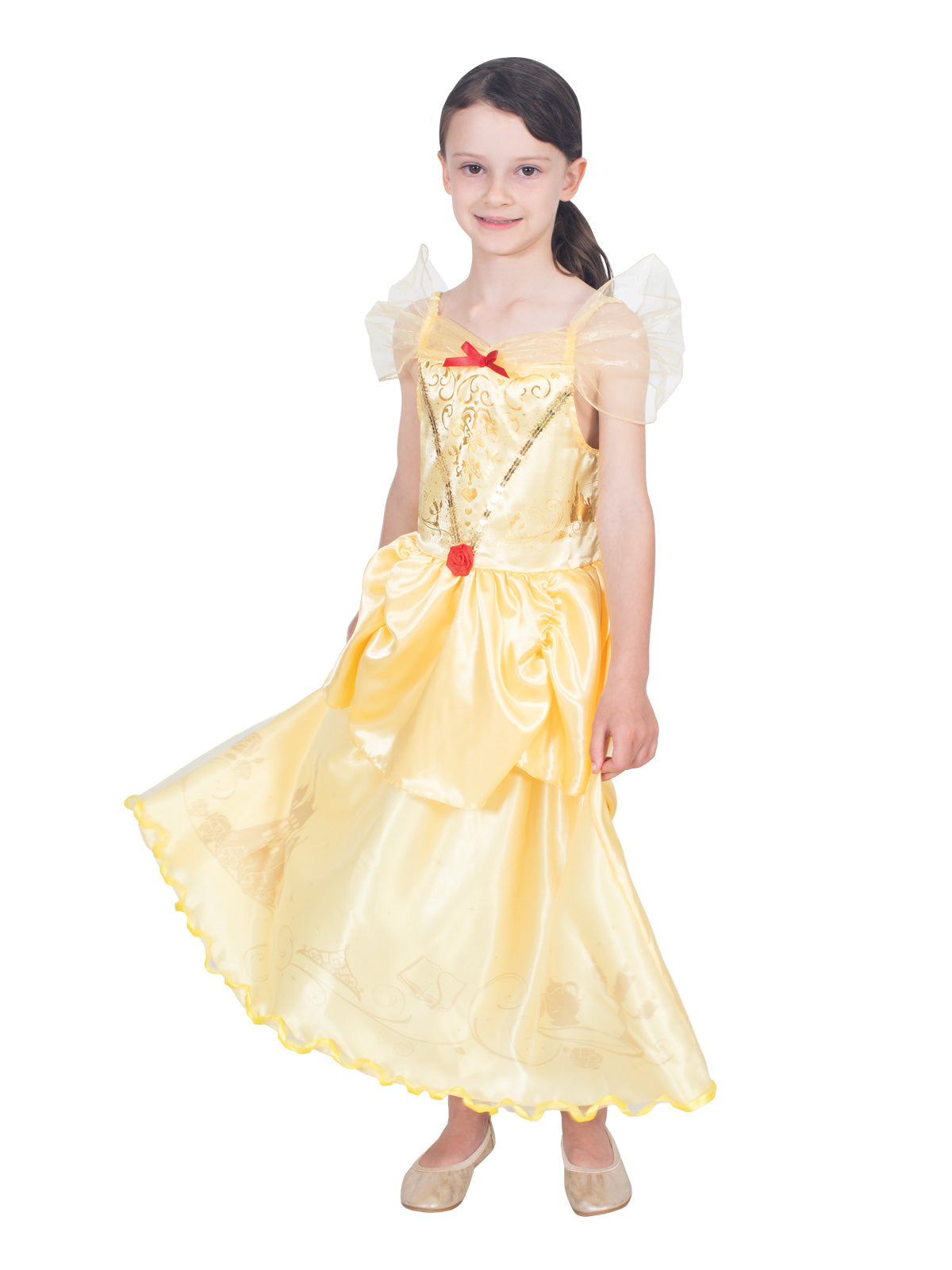 Girl twirling in the yellow Belle Storyteller deluxe dress with gathered tulle collar