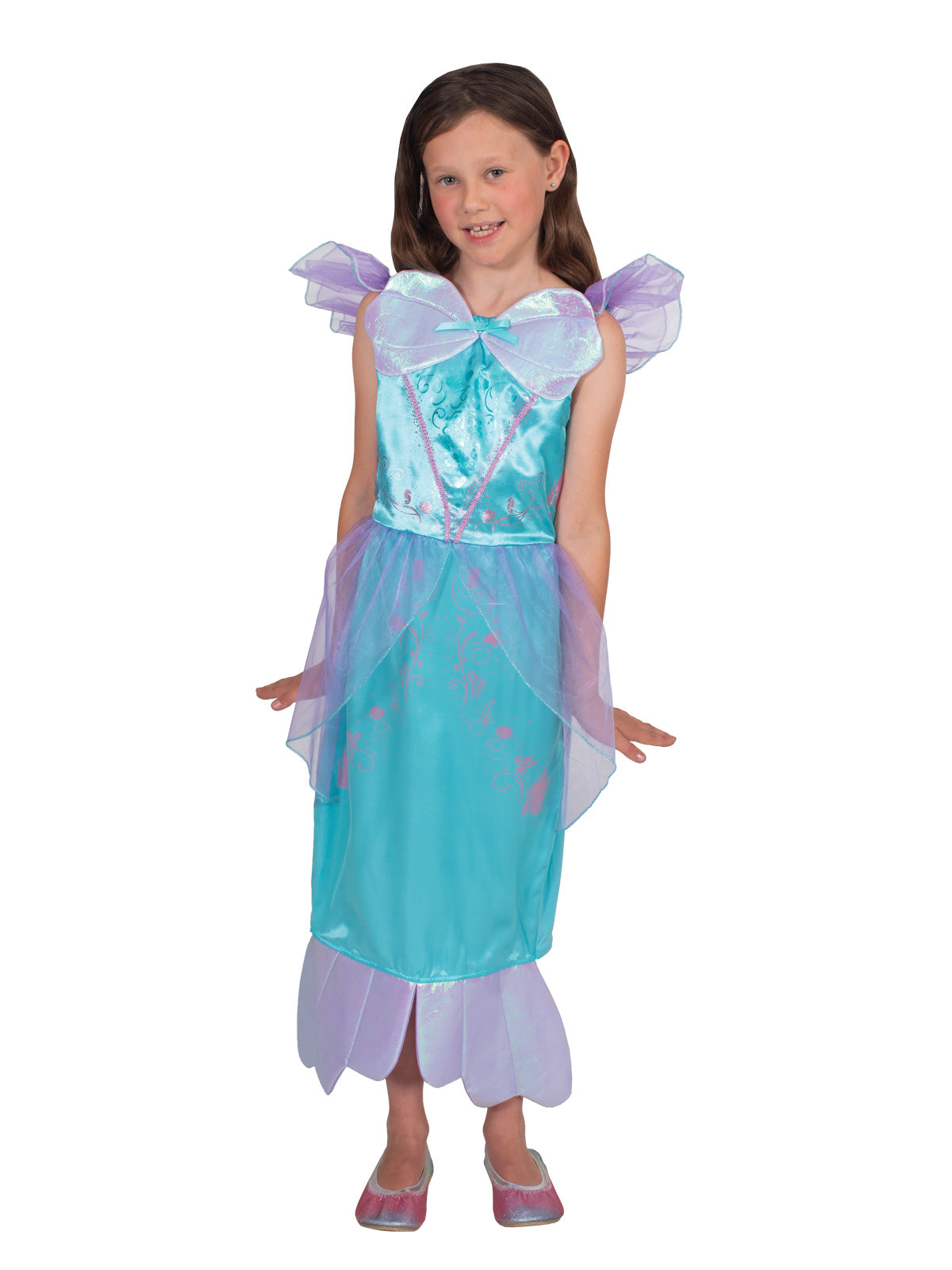 Girl in the Ariel Storyteller dress with printed tulle peplum and shiny jersey fin hem