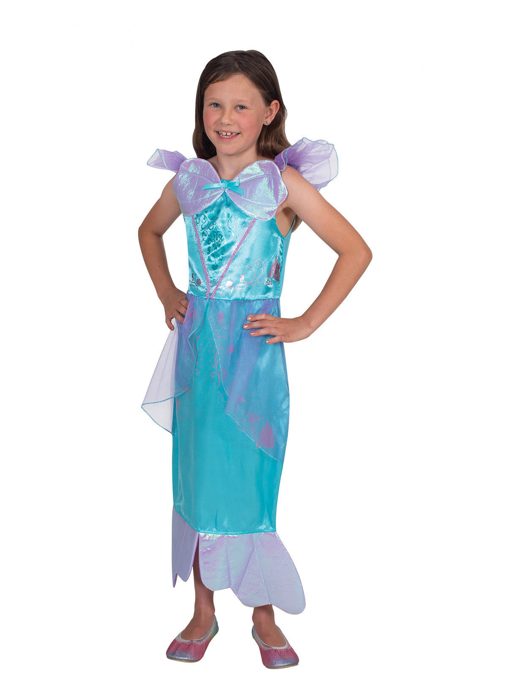 Girl wearing an Ariel Storyteller dress with shell bodice, lilac flutter sleeves and aqua satin fin skirt
