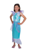 Girl wearing an Ariel Storyteller dress with shell bodice, lilac flutter sleeves and aqua satin fin skirt