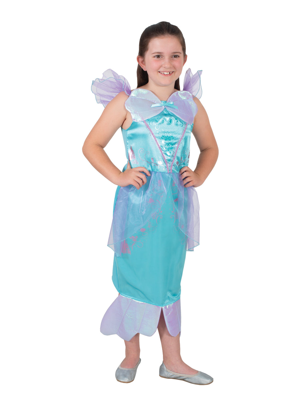 Girl posing in the aqua Ariel Storyteller satin pencil skirt dress with organza sleeves