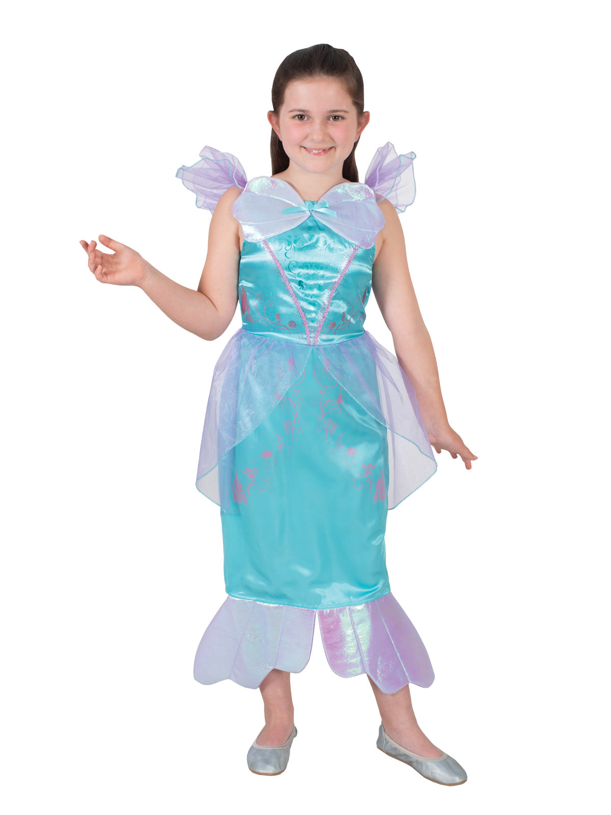 Girl wearing the Ariel Storyteller deluxe dress with satin bow and sea shell bodice