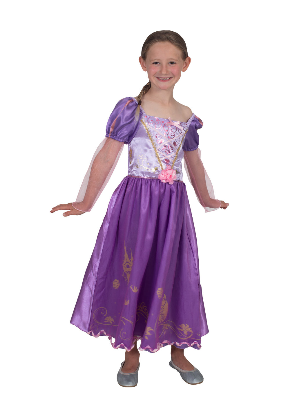 Girl with hands on hips in the Rapunzel Storyteller dress with pink flower at the waist