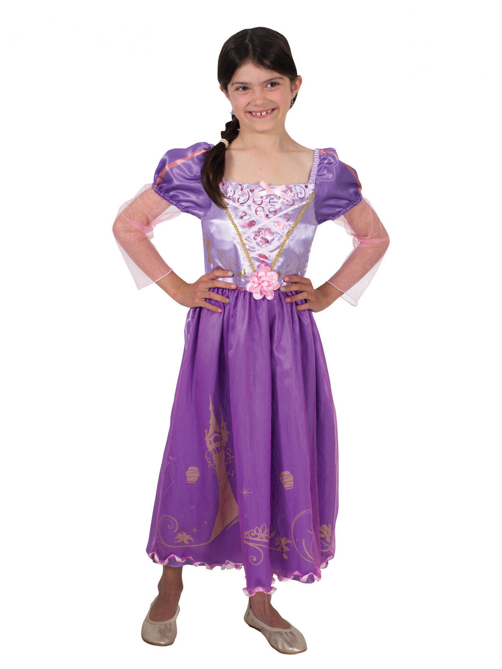 Girl in the purple Rapunzel Storyteller dress with satin bodice and ribbon crossovers
