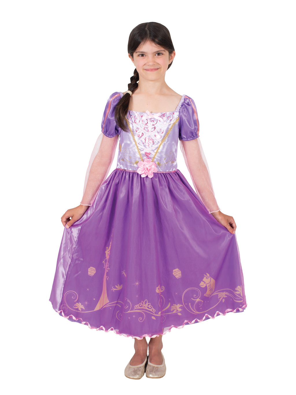 Girl twirling in the Rapunzel Storyteller dress with printed story hem and puff sleeves