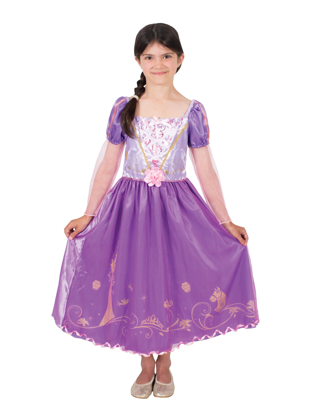 Girl twirling in the Rapunzel Storyteller dress with printed story hem and puff sleeves