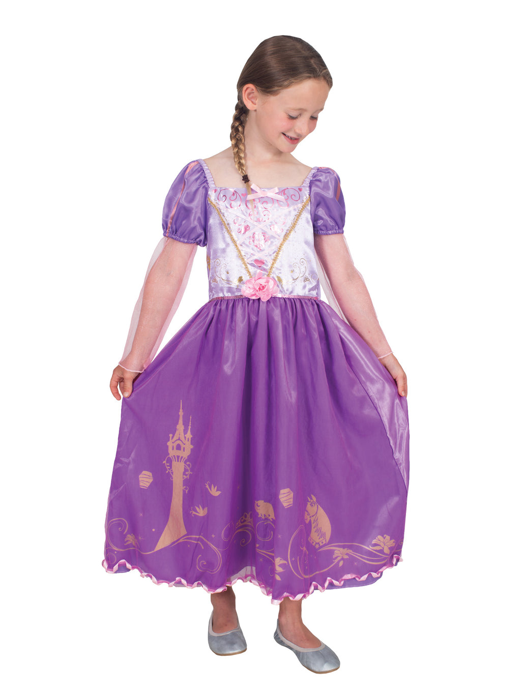 Girl posing in the Storyteller Rapunzel dress with tulle 3/4 sleeves and printed hem
