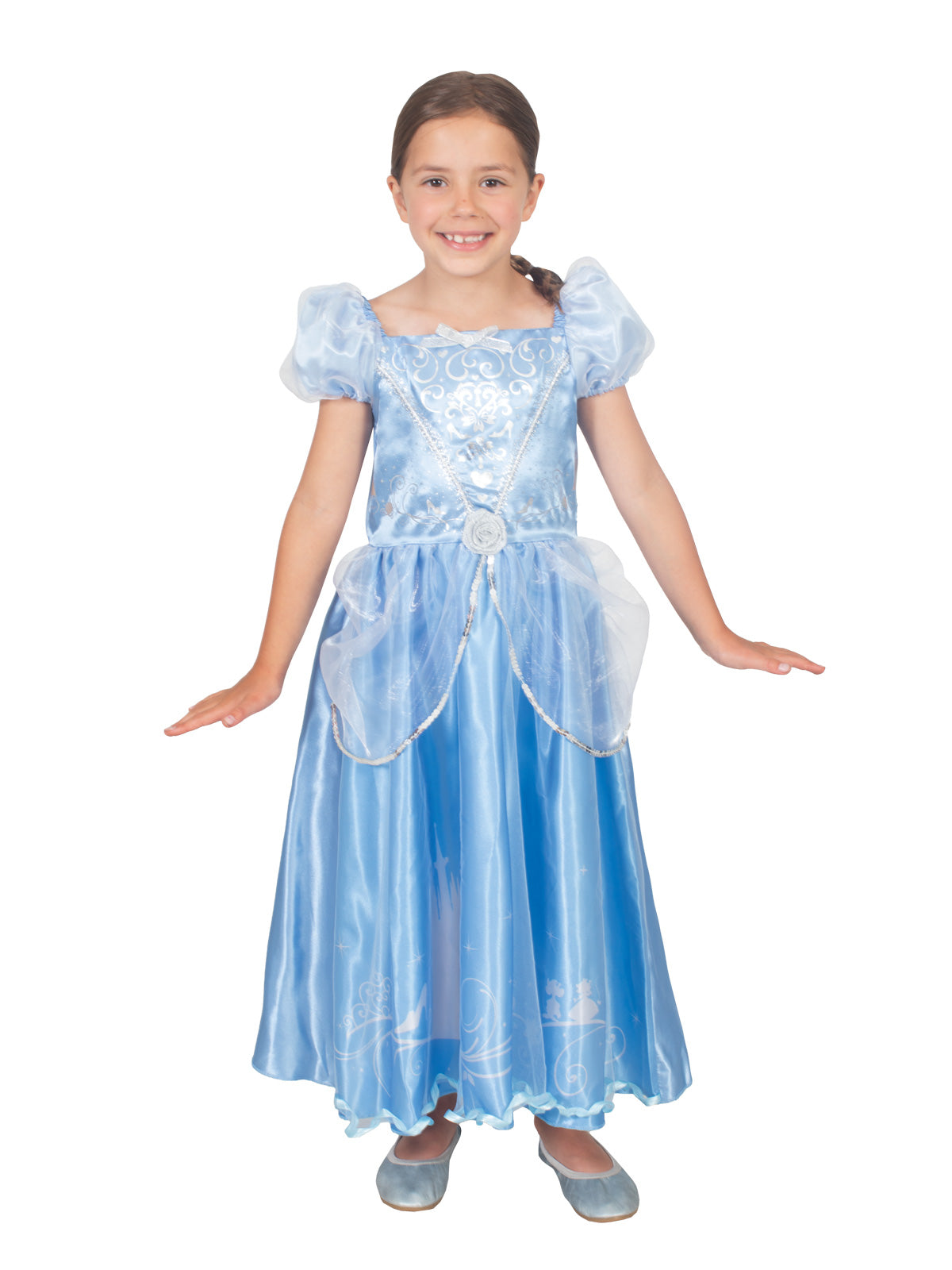 Girl wearing the Cinderella Storyteller dress with shimmery trim and satin flower at the waist