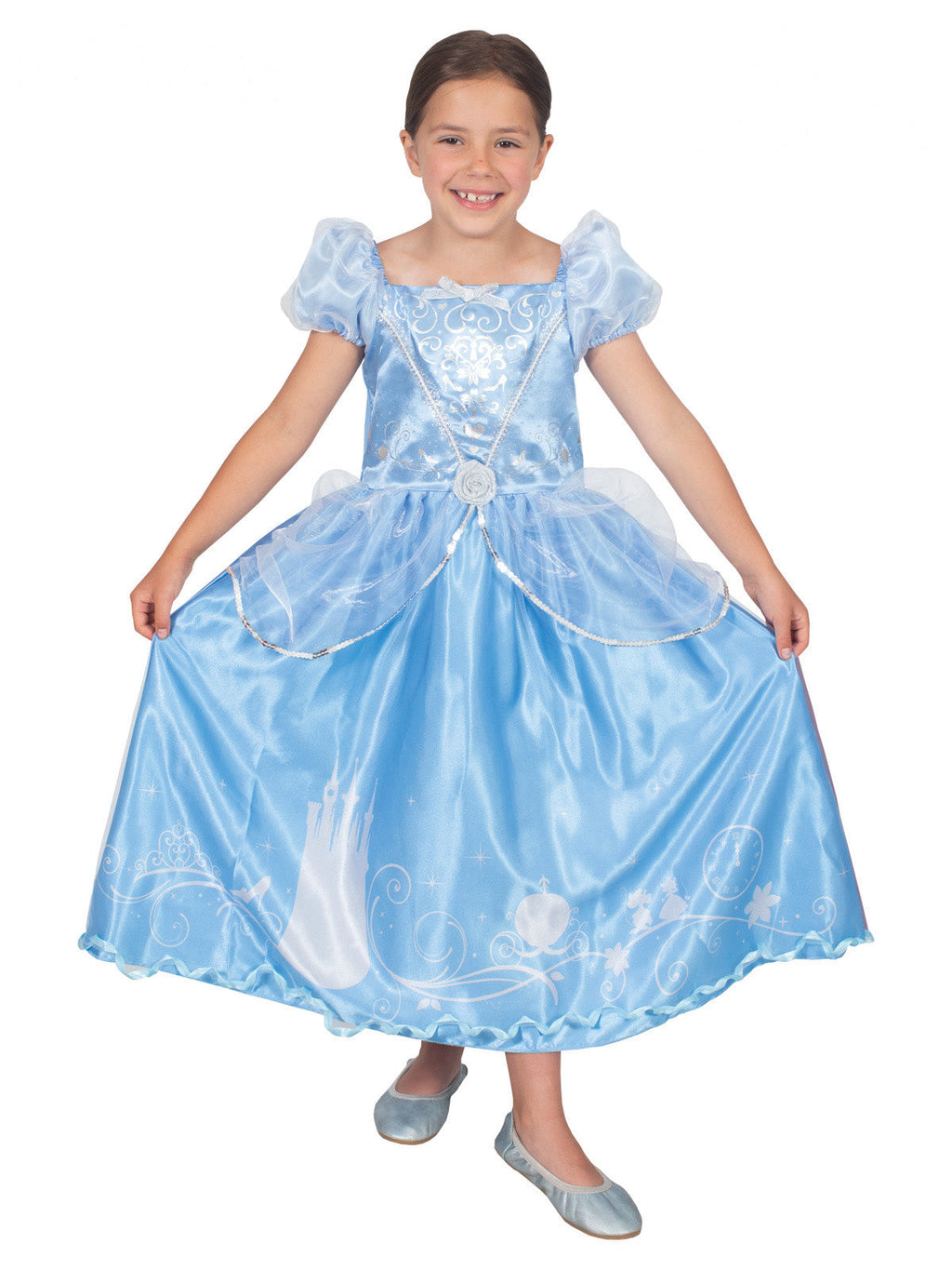 Girl in a Cinderella Storyteller deluxe blue dress with tulle puff sleeves and story-print hem
