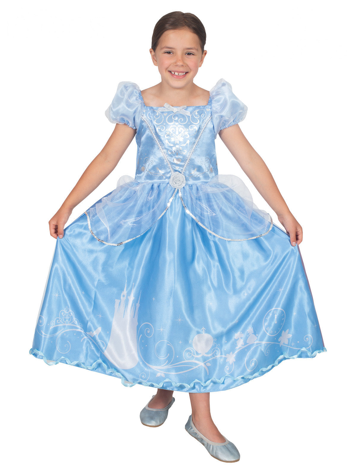 Girl in a Cinderella Storyteller deluxe blue dress with tulle puff sleeves and story-print hem