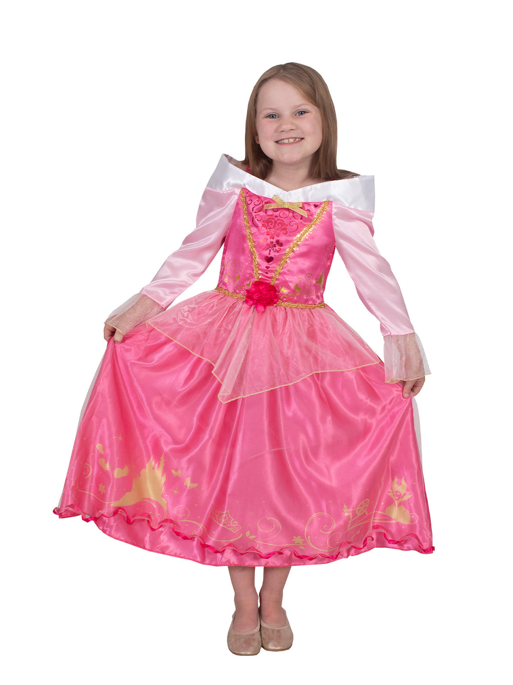 Girl in the Aurora Storyteller deluxe dress with gold-trimmed bodice and satin flower at the waist
