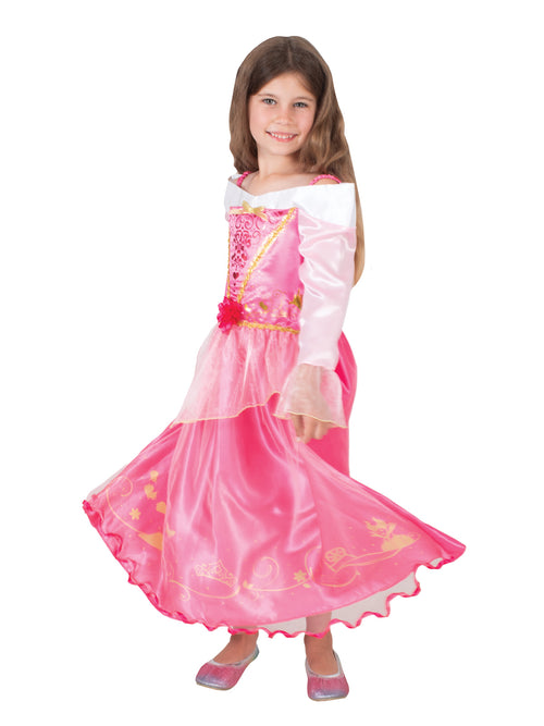 Girl twirling in the Aurora Storyteller dress with tulle peplum overlay and satin spiral hem