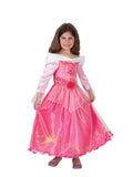 Girl wearing a pink Aurora Storyteller dress with off-shoulder collar, trumpet sleeves and storybook print hem