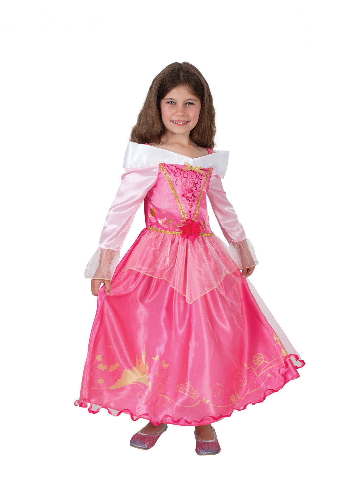 Girl wearing a pink Aurora Storyteller dress with off-shoulder collar, trumpet sleeves and storybook print hem
