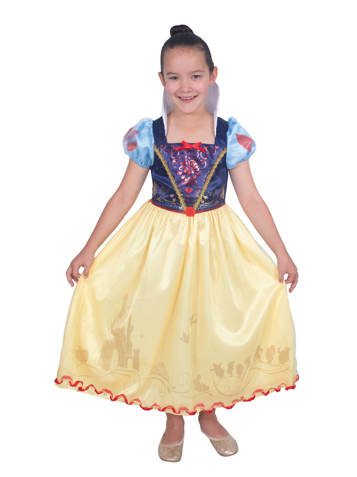 Girl holding out the Snow White Storyteller satin skirt printed with crowns, castles and apples