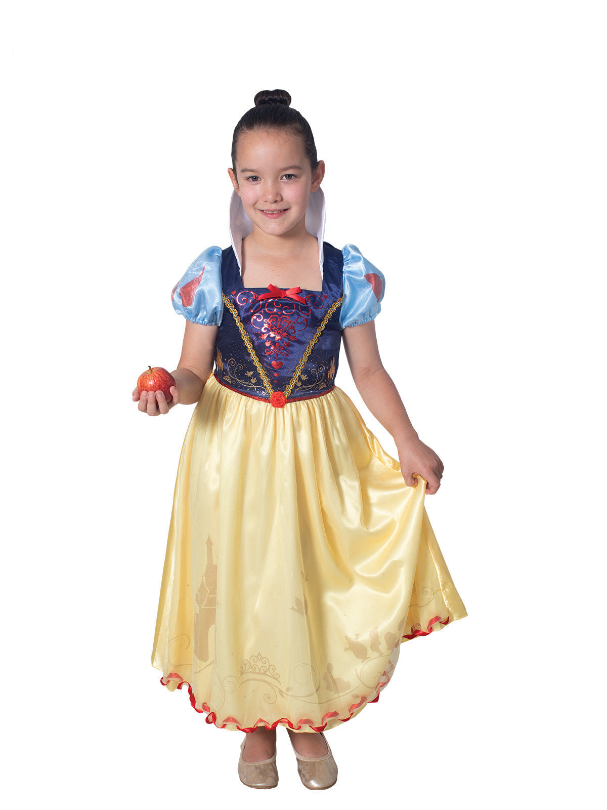 Girl in the Snow White Storyteller dress with a blue bodice, yellow printed skirt and red rose at the waist