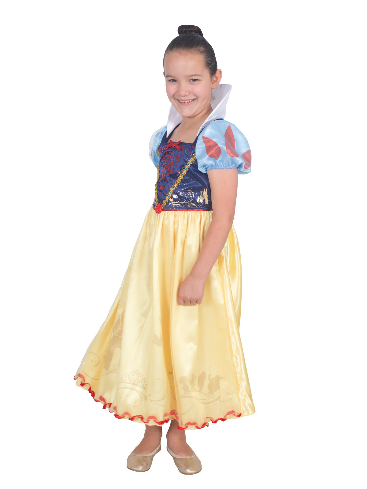 Side view of the Snow White Storyteller dress with puff sleeve, white collar and printed skirt