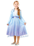 Girl in Frozen 2 Elsa dress in blue and lilac with snowflake print and sheer cape
