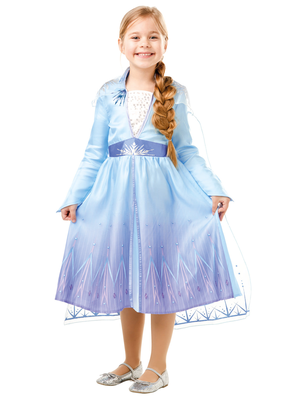 Girl in Frozen 2 Elsa dress in blue and lilac with snowflake print and sheer cape