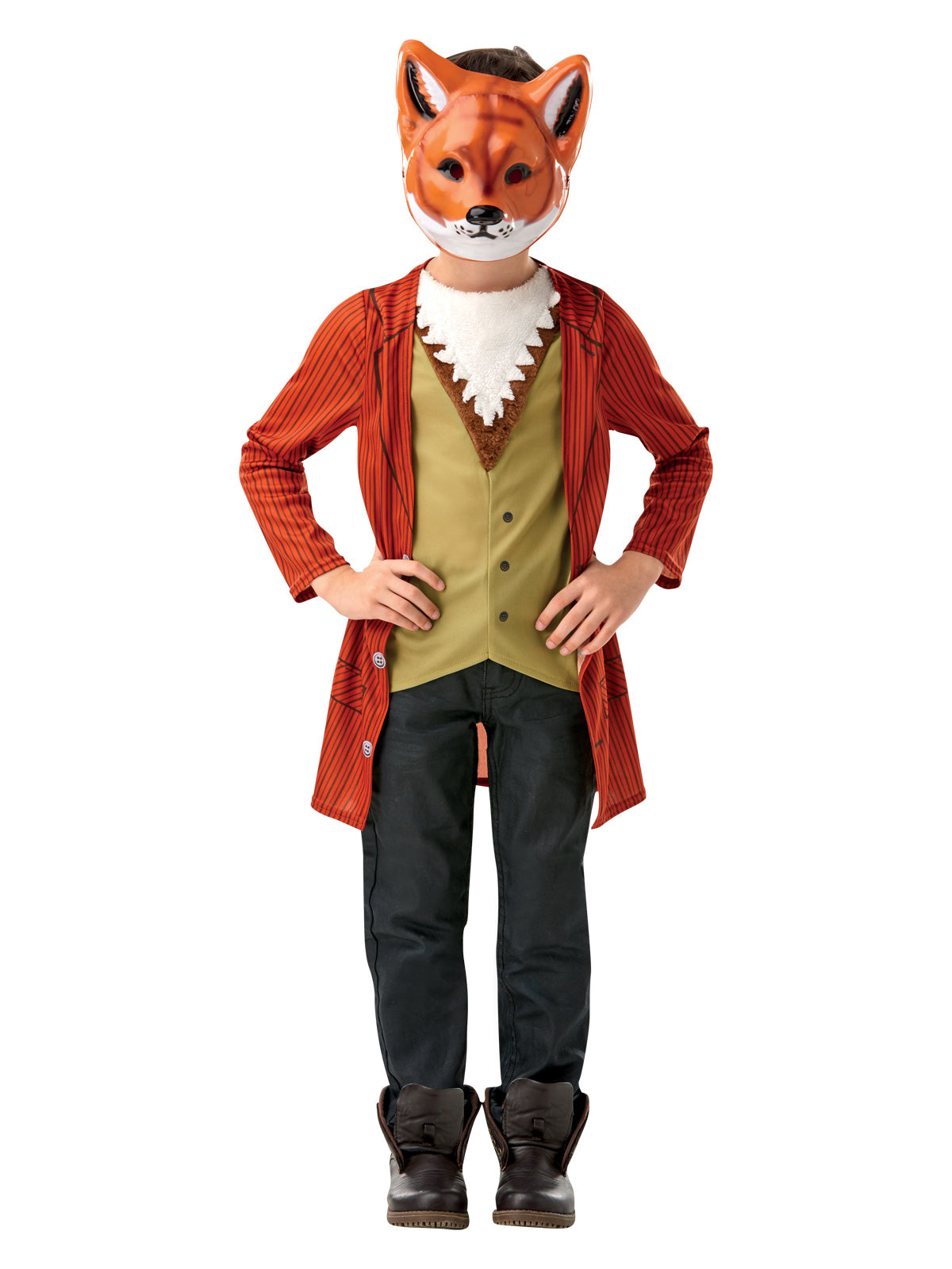 Boy in the Mr Fox Deluxe costume with a rust red mock jacket, faux-fur vest and moulded fox mask