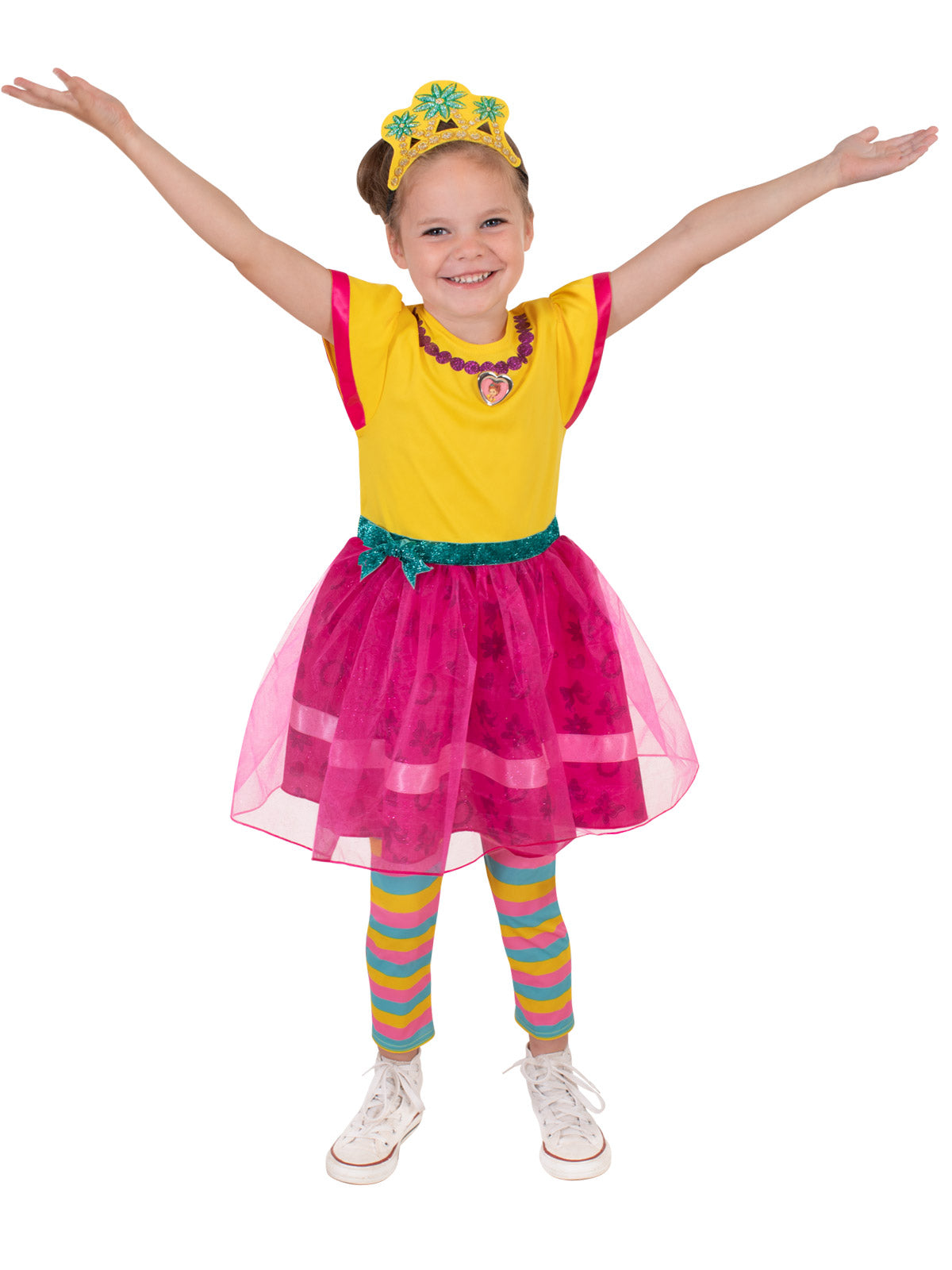 Girl in Fancy Nancy dress with yellow top, pink tulle skirt, striped leggings and tiara