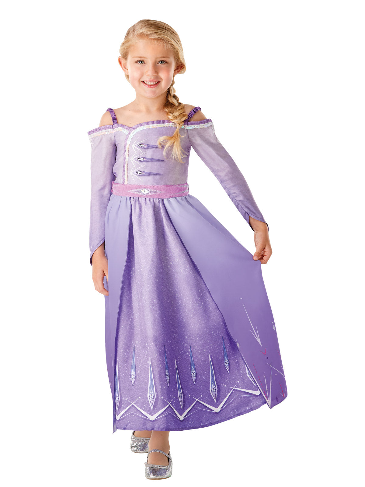 Girl in Frozen 2 Elsa Prologue lilac dress with printed skirt and glitter belt