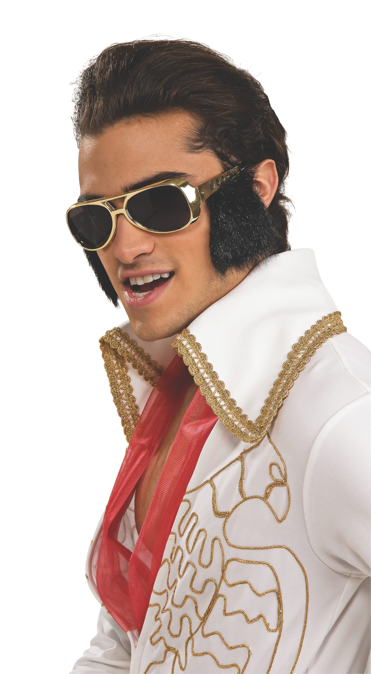 Man wearing gold-framed Elvis glasses with attached black sideburns