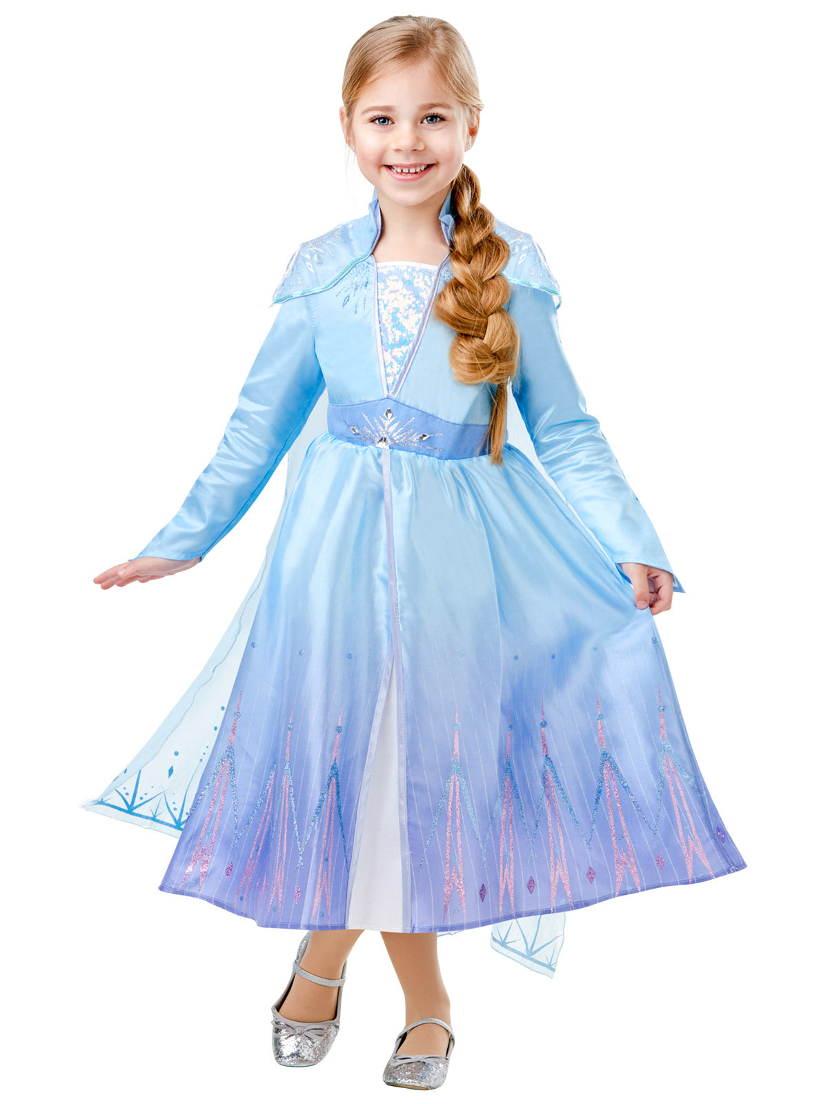 Girl in Frozen 2 Elsa deluxe dress with glitter neckline, blue and lilac skirt and mirror organza cape