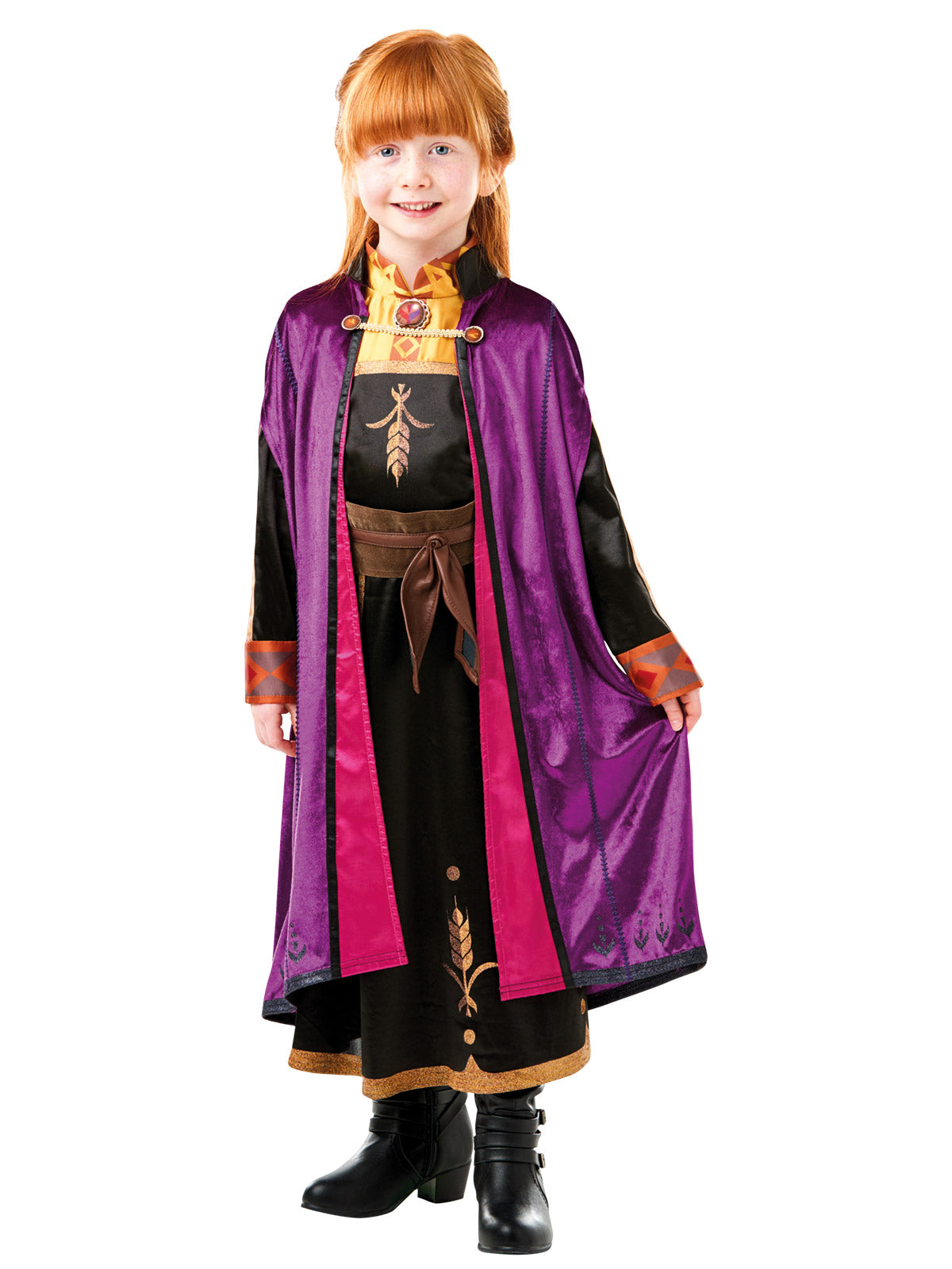 Girl in Frozen 2 Anna dress with black folk-print skirt, gold belt and purple and pink velour cloak