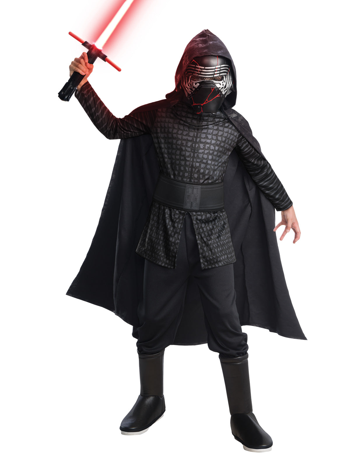 Boy in the Star Wars Kylo Ren tunic and hooded velour-look cape with a printed belt and pants