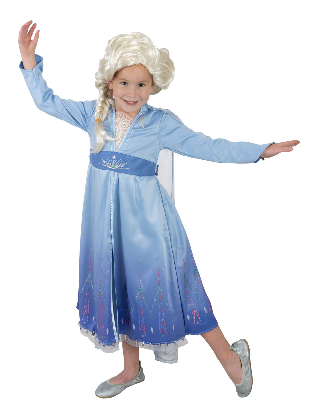 Girl posing in the Elsa Frozen 2 premium dress, sheer glitter cape and plaited wig