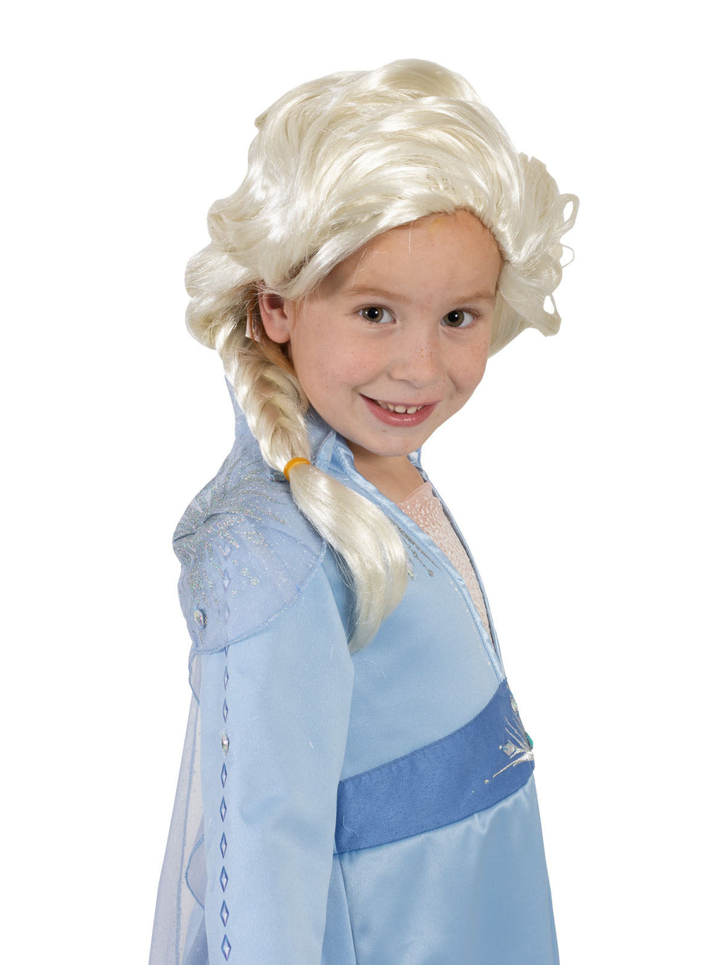Close-up of the Elsa white-blonde wig with high fringe and side plait