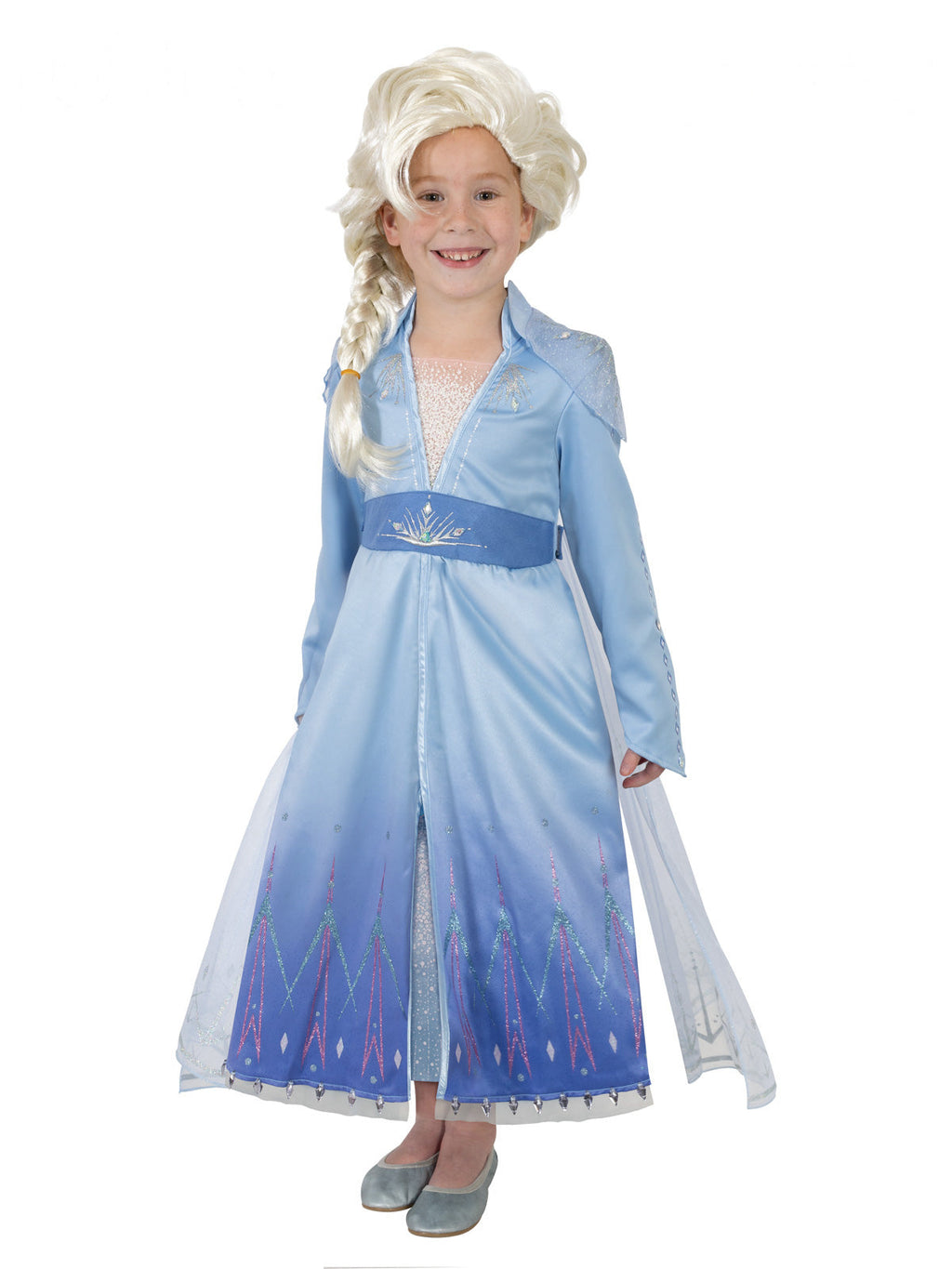 Girl in a Frozen 2 Elsa premium blue gem-detail dress with glitter cape and white-blonde plaited wig
