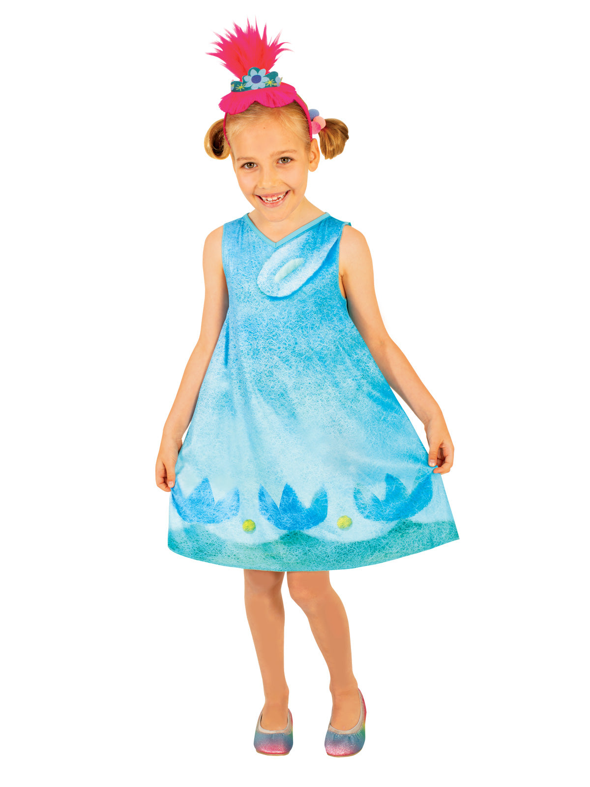 Girl wearing a blue Trolls Poppy dress with printed flowers and headband with upright pink plush hair