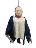Hanging Jason puppet with hockey mask, dark jacket and machete